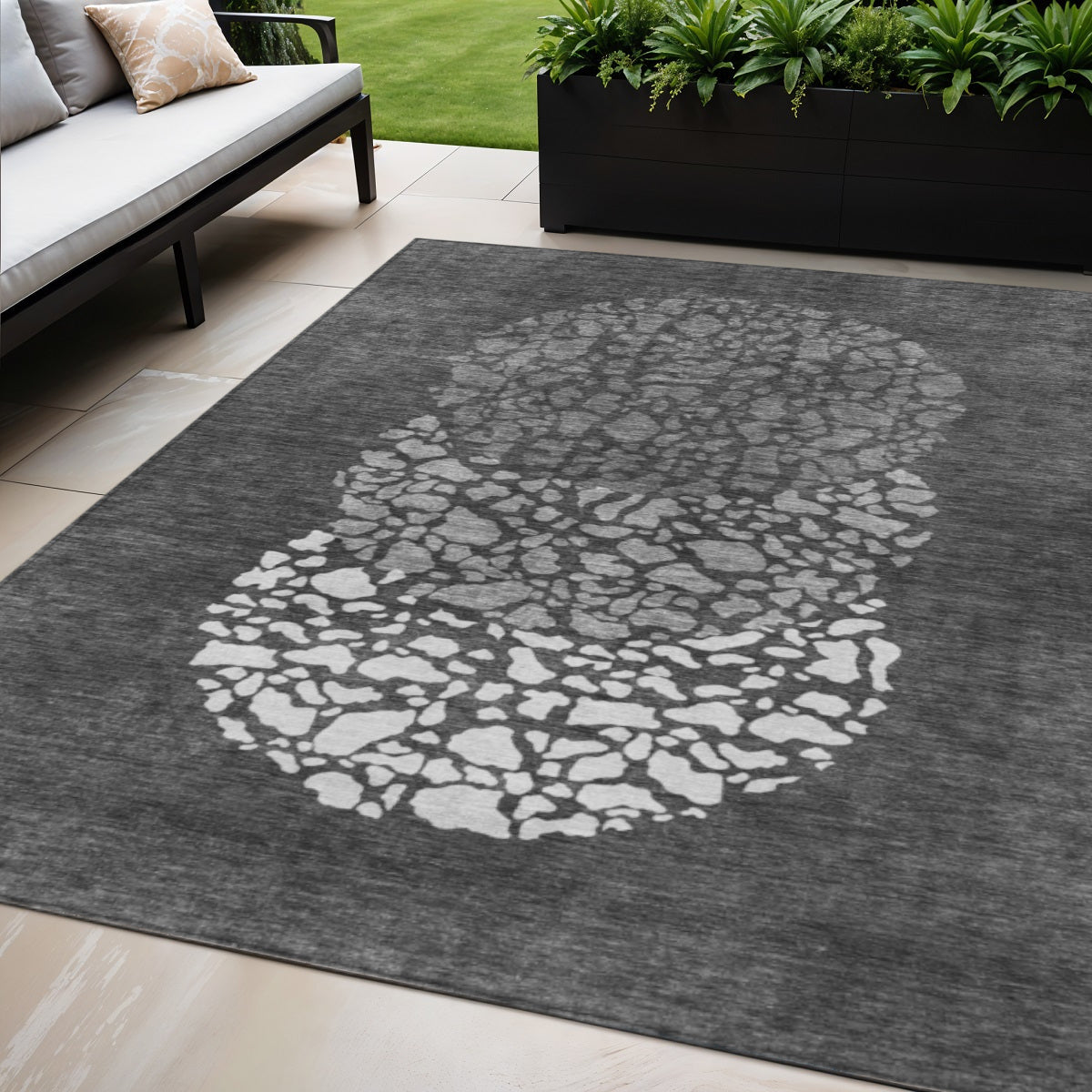 5 X 8 Charcoal Gray And Silver Abstract Washable Indoor Outdoor Area Rug