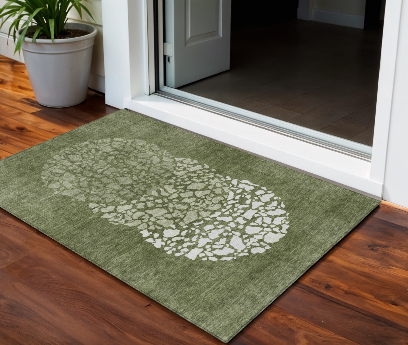 3 X 5 Olive Green And Artichoke Green Abstract Washable Indoor Outdoor Area Rug