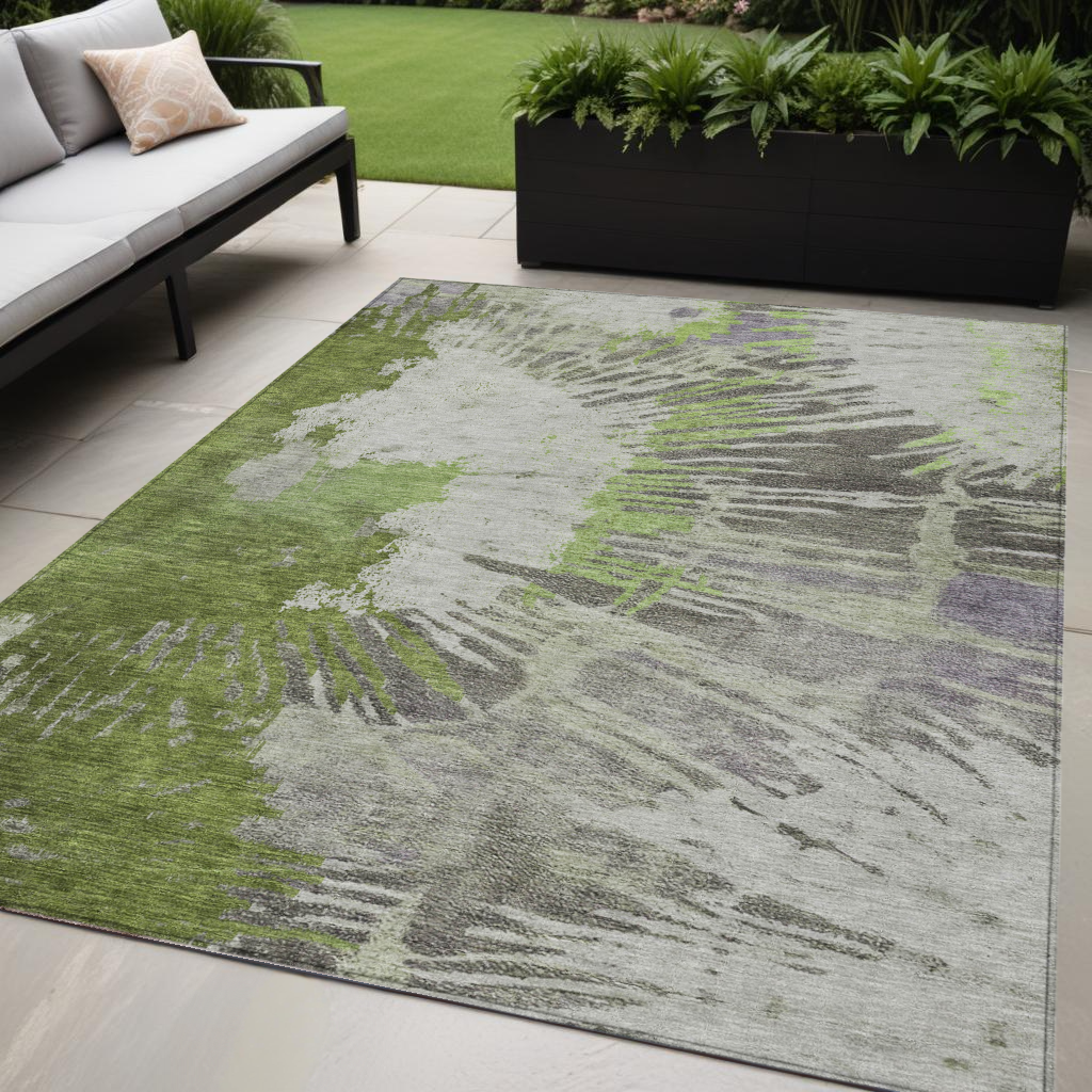 5 X 8 Olive Green Artichoke Green And Fern Green Abstract Washable Indoor Outdoor Area Rug