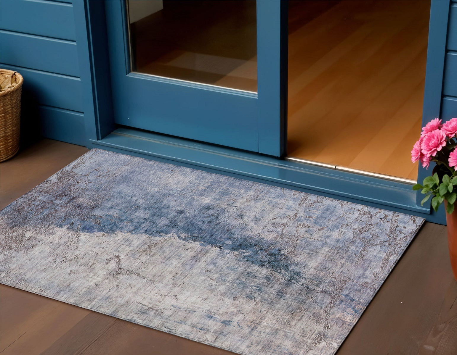 3 X 5 Navy Blue And Gray Abstract Washable Indoor Outdoor Area Rug