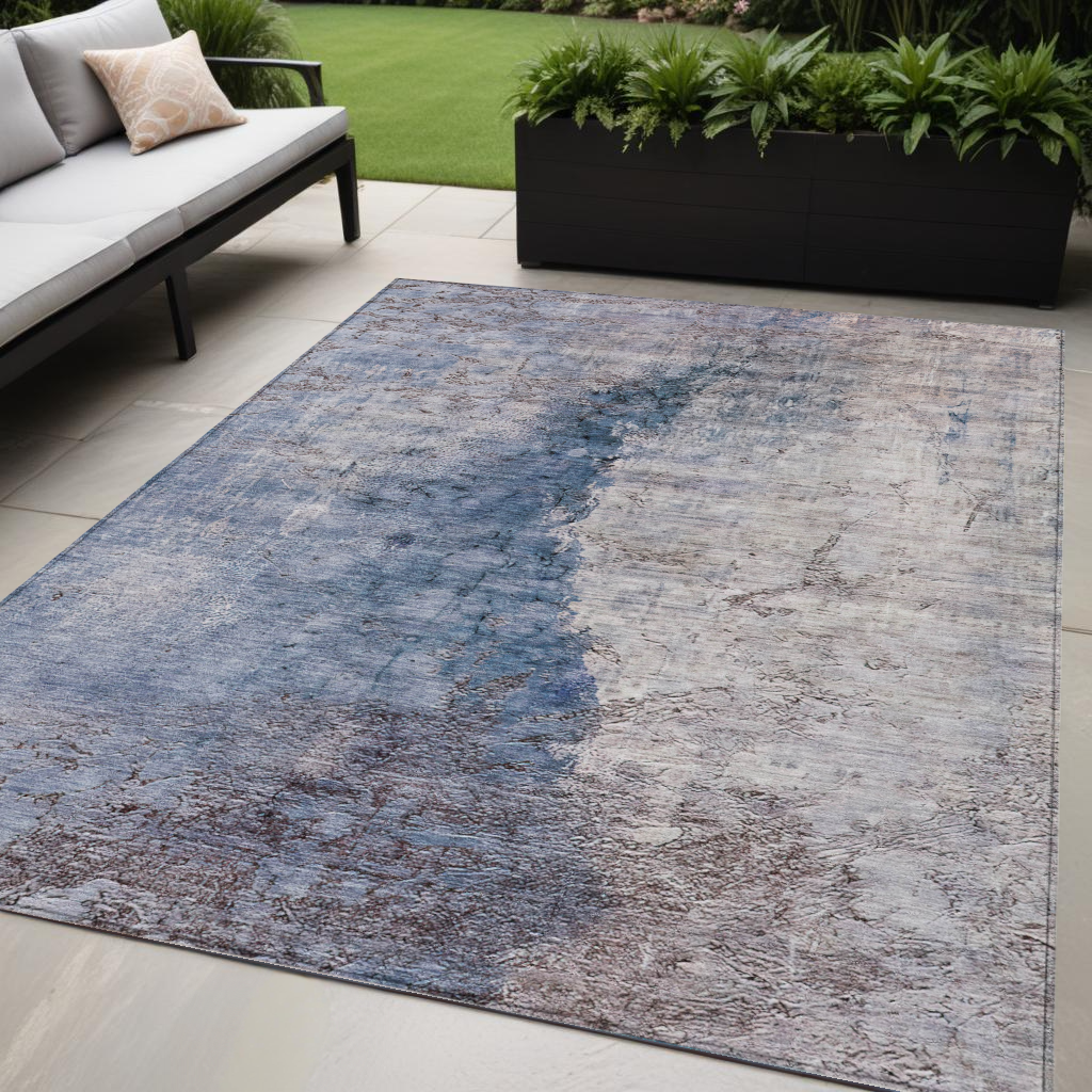 5 X 8 Navy Blue And Gray Abstract Washable Indoor Outdoor Area Rug