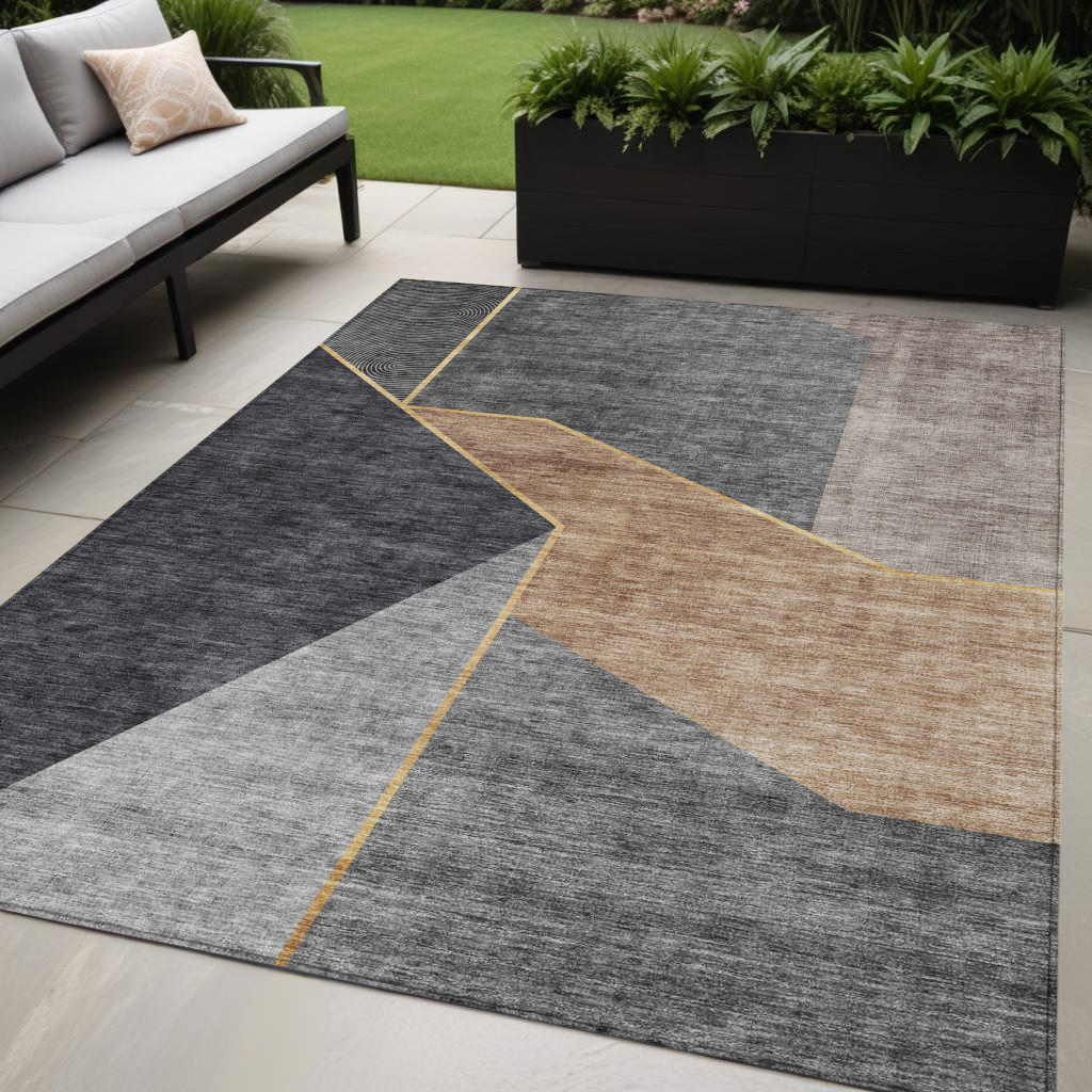 5 X 8 Charcoal Taupe And Gray Geometric Washable Indoor Outdoor Area Rug
