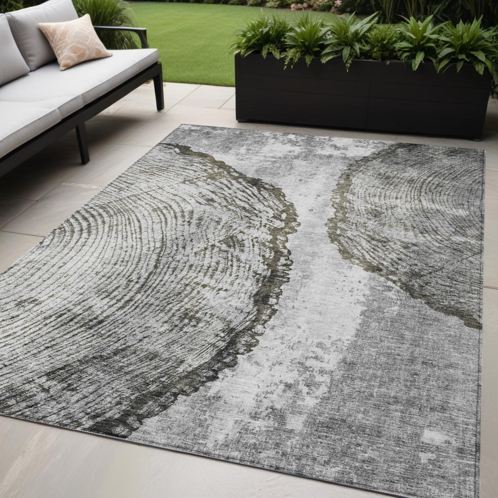 5 X 8 Gray Taupe And Silver Abstract Washable Indoor Outdoor Area Rug