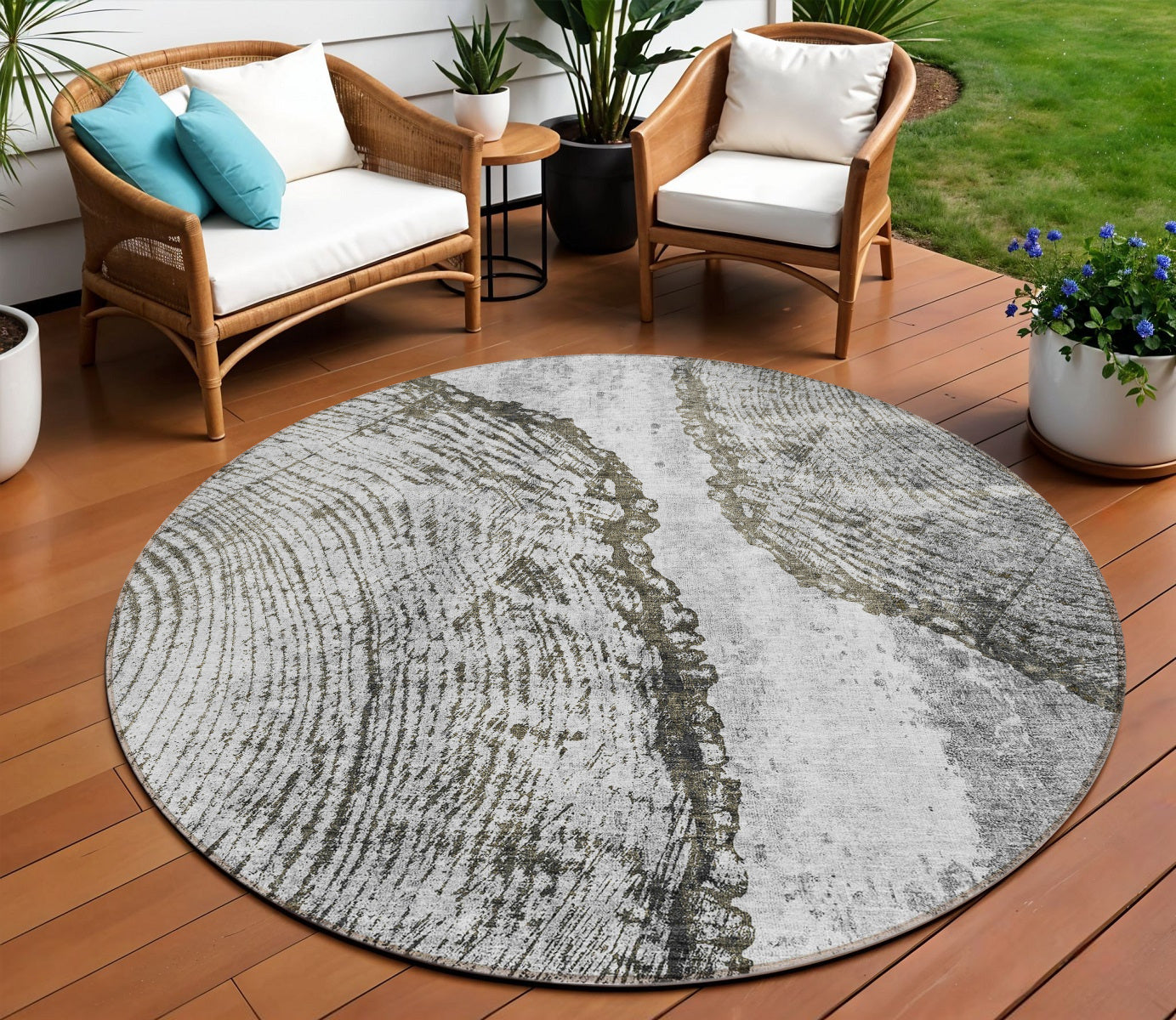 8 Gray Taupe And Silver Round Abstract Washable Indoor Outdoor Area Rug