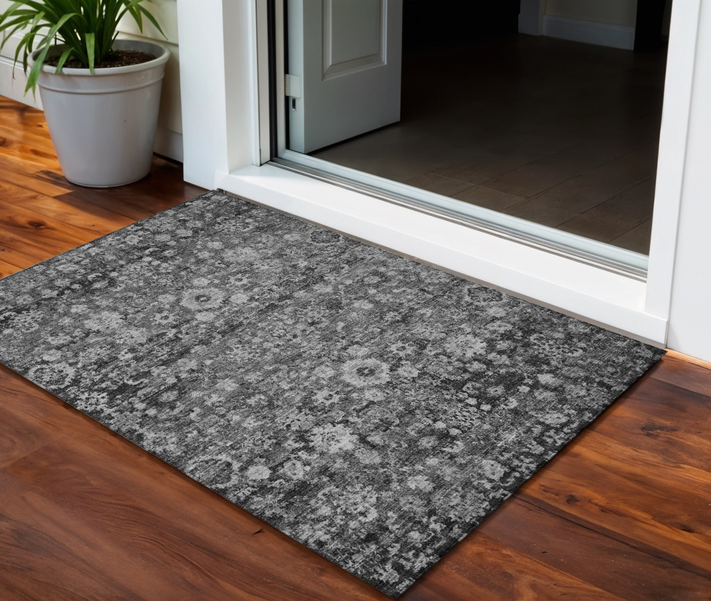 3 X 5 Gray Charcoal And Silver Oriental Washable Indoor Outdoor Area Rug