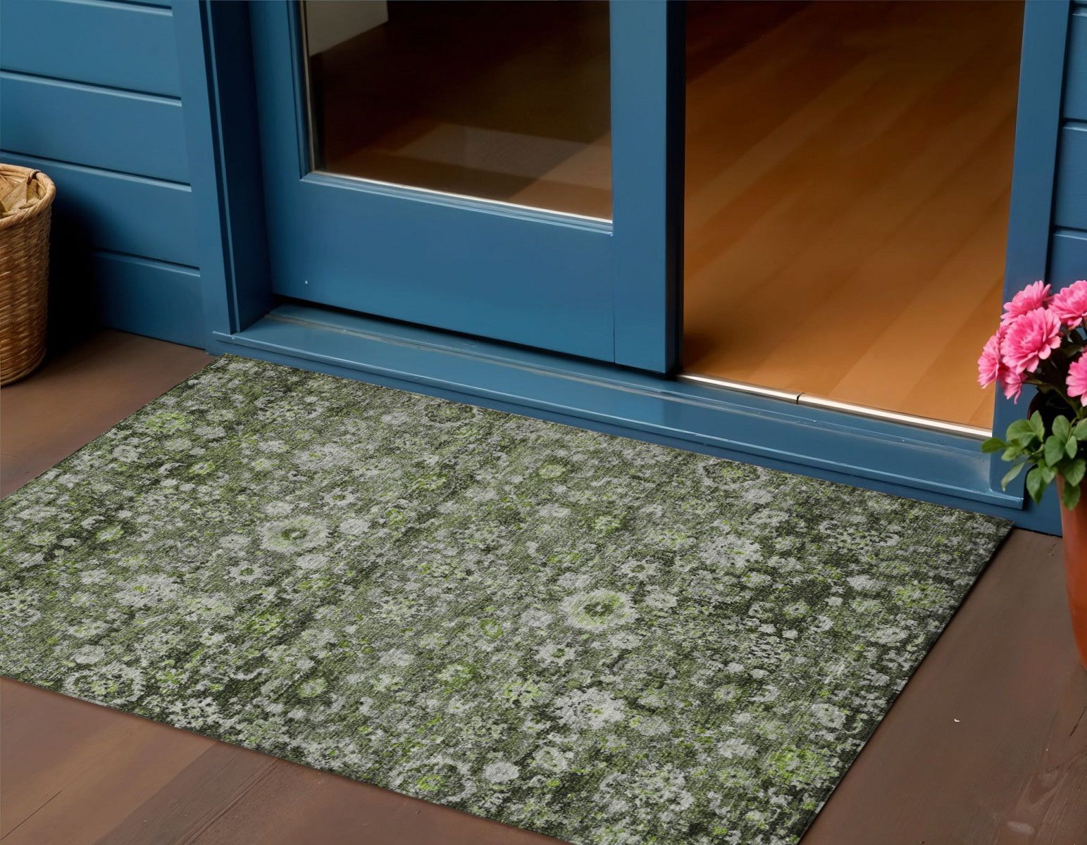 3 X 5 Green And Olive Green Oriental Washable Indoor Outdoor Area Rug