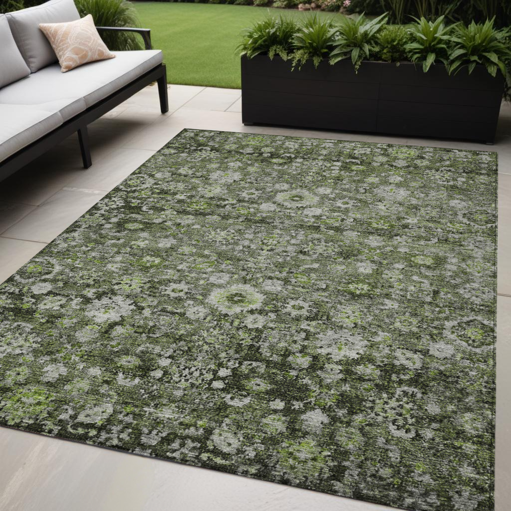 5 X 8 Green And Olive Green Oriental Washable Indoor Outdoor Area Rug
