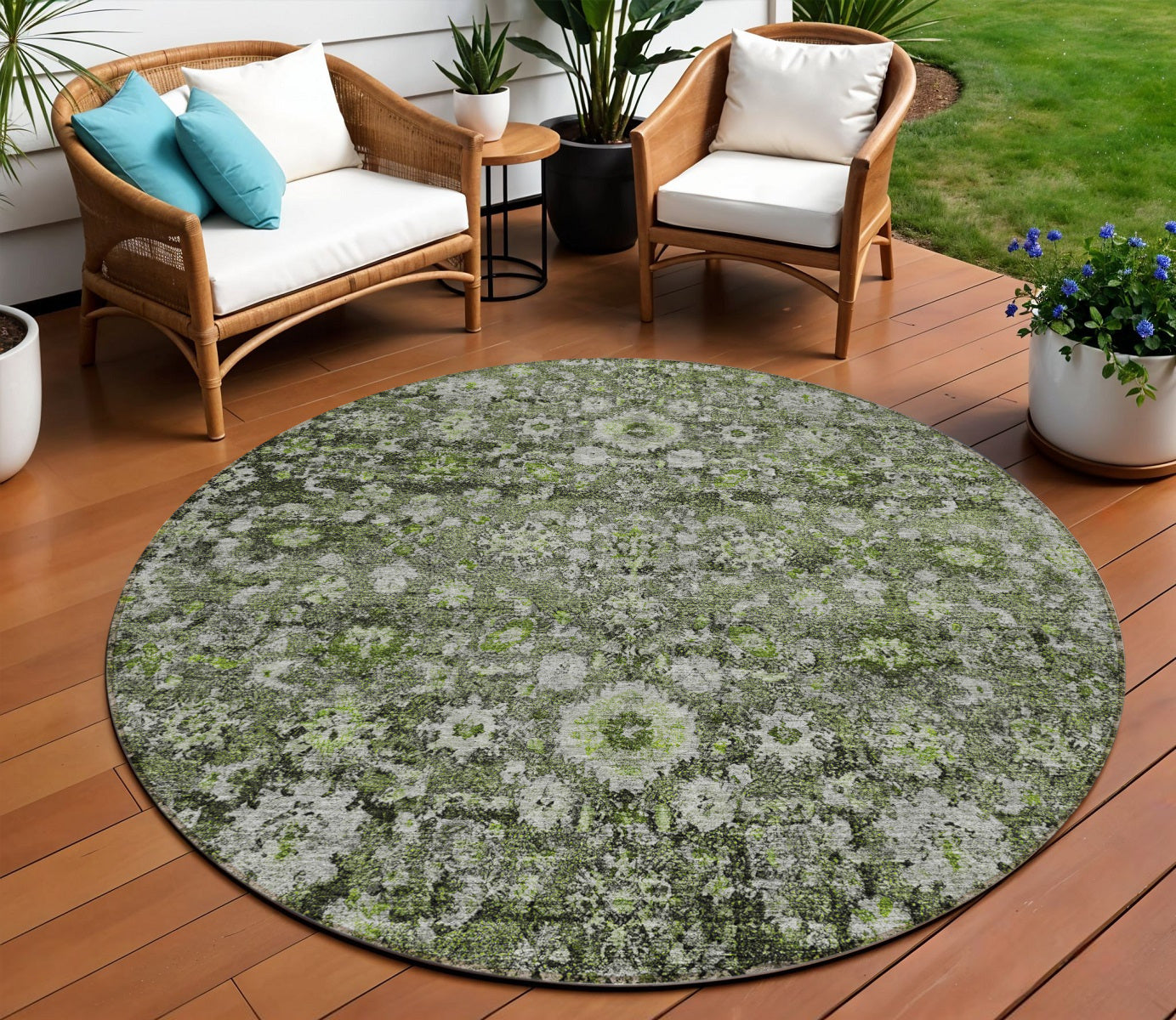 8 Green And Olive Green Round Oriental Washable Indoor Outdoor Area Rug