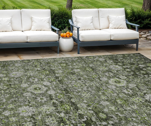 10 X 14 Green And Olive Green Oriental Washable Indoor Outdoor Area Rug