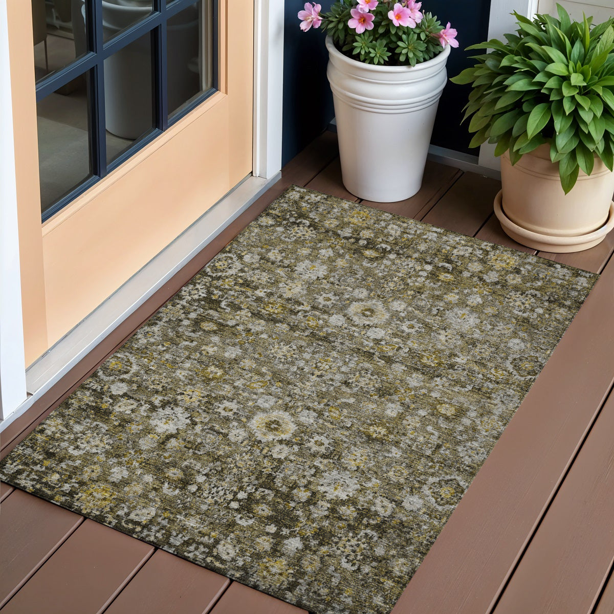 3 X 5 Brown And Beige Oriental Washable Indoor Outdoor Area Rug