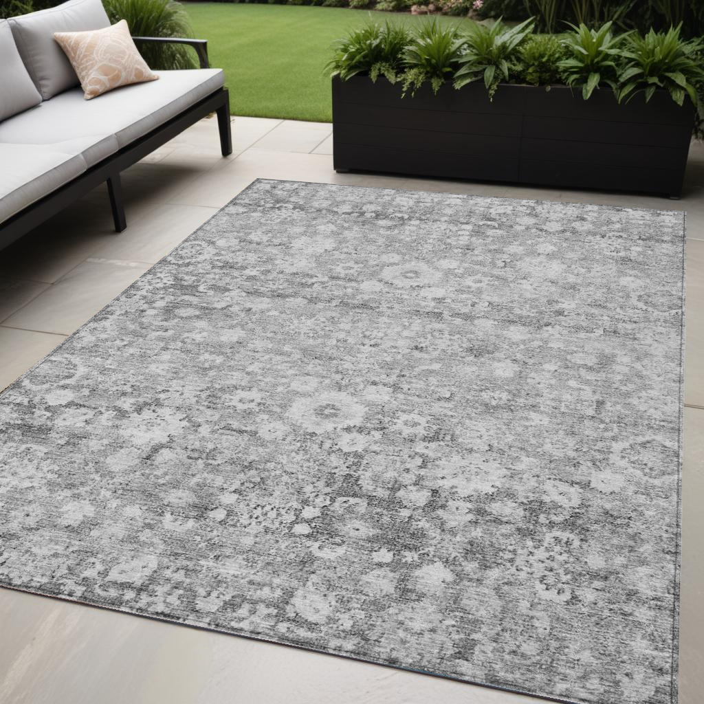 5 X 8 Silver Gray And Pewter Oriental Washable Indoor Outdoor Area Rug