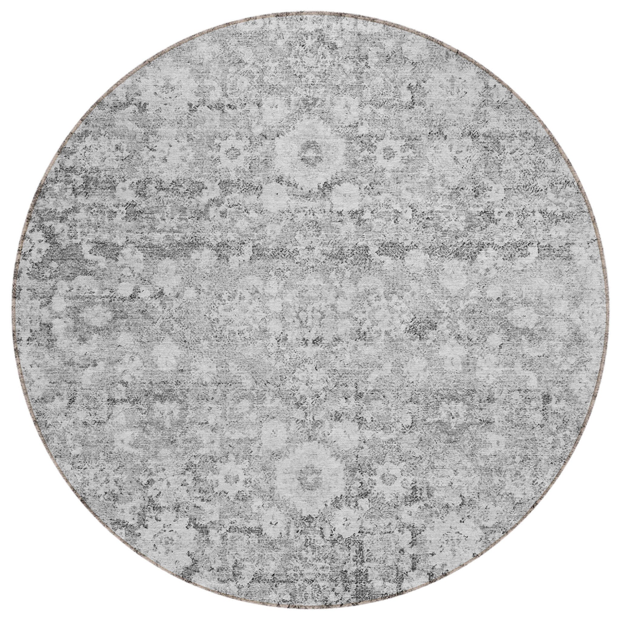 8 Silver Gray And Pewter Round Oriental Washable Indoor Outdoor Area Rug