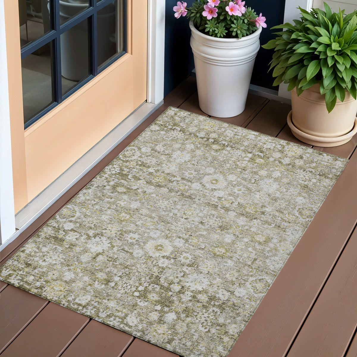 3 X 5 Taupe Beige And Gold Oriental Washable Indoor Outdoor Area Rug