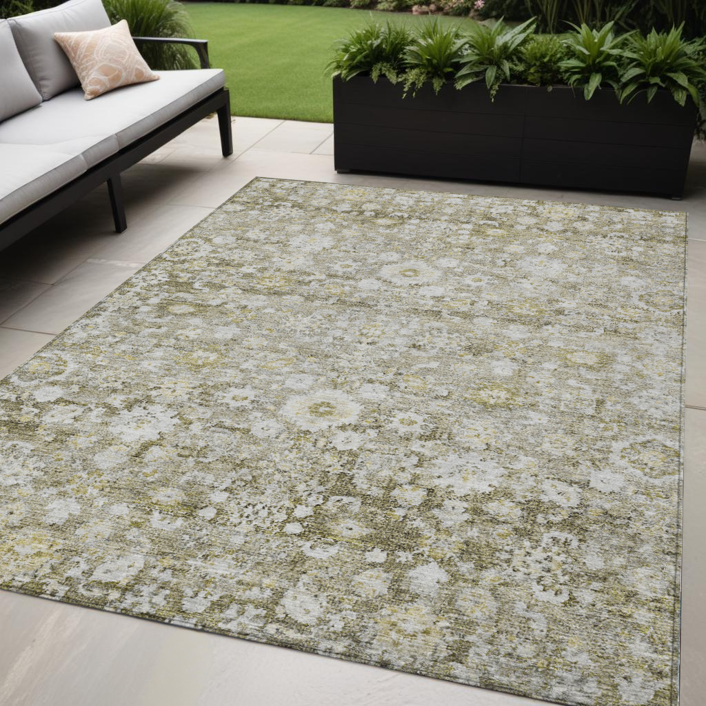 5 X 8 Taupe Beige And Gold Oriental Washable Indoor Outdoor Area Rug