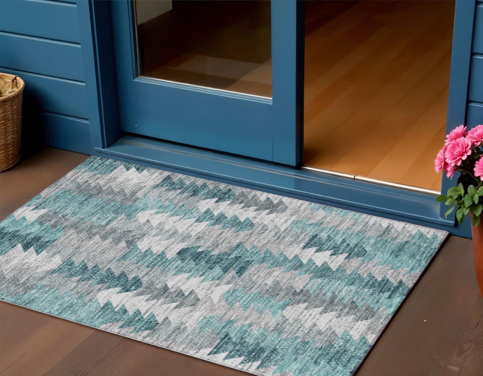3 X 5 Dark Blue Aqua And Gray Geometric Washable Indoor Outdoor Area Rug