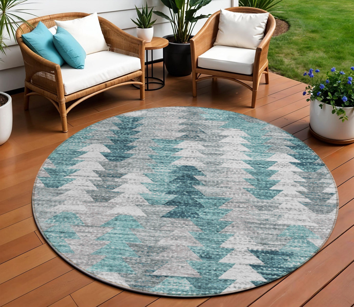 8 Dark Blue Aqua And Gray Round Geometric Washable Indoor Outdoor Area Rug