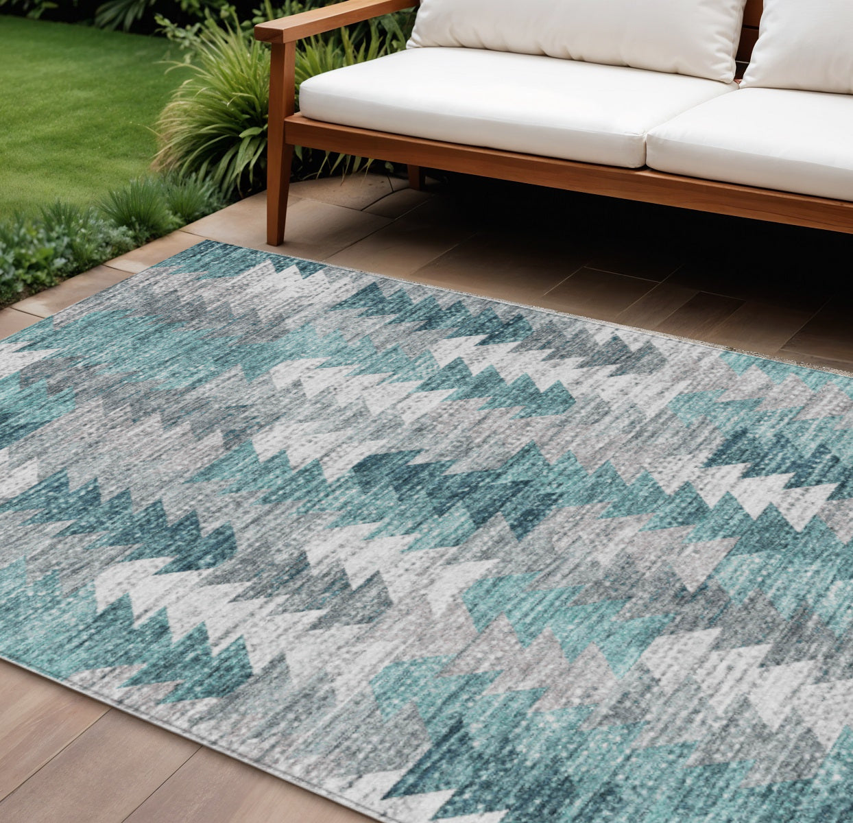 10 X 14 Dark Blue Aqua And Gray Geometric Washable Indoor Outdoor Area Rug