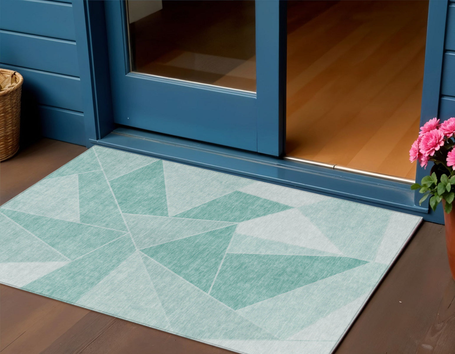 3 X 5 Mint Green And Aqua Geometric Washable Indoor Outdoor Area Rug