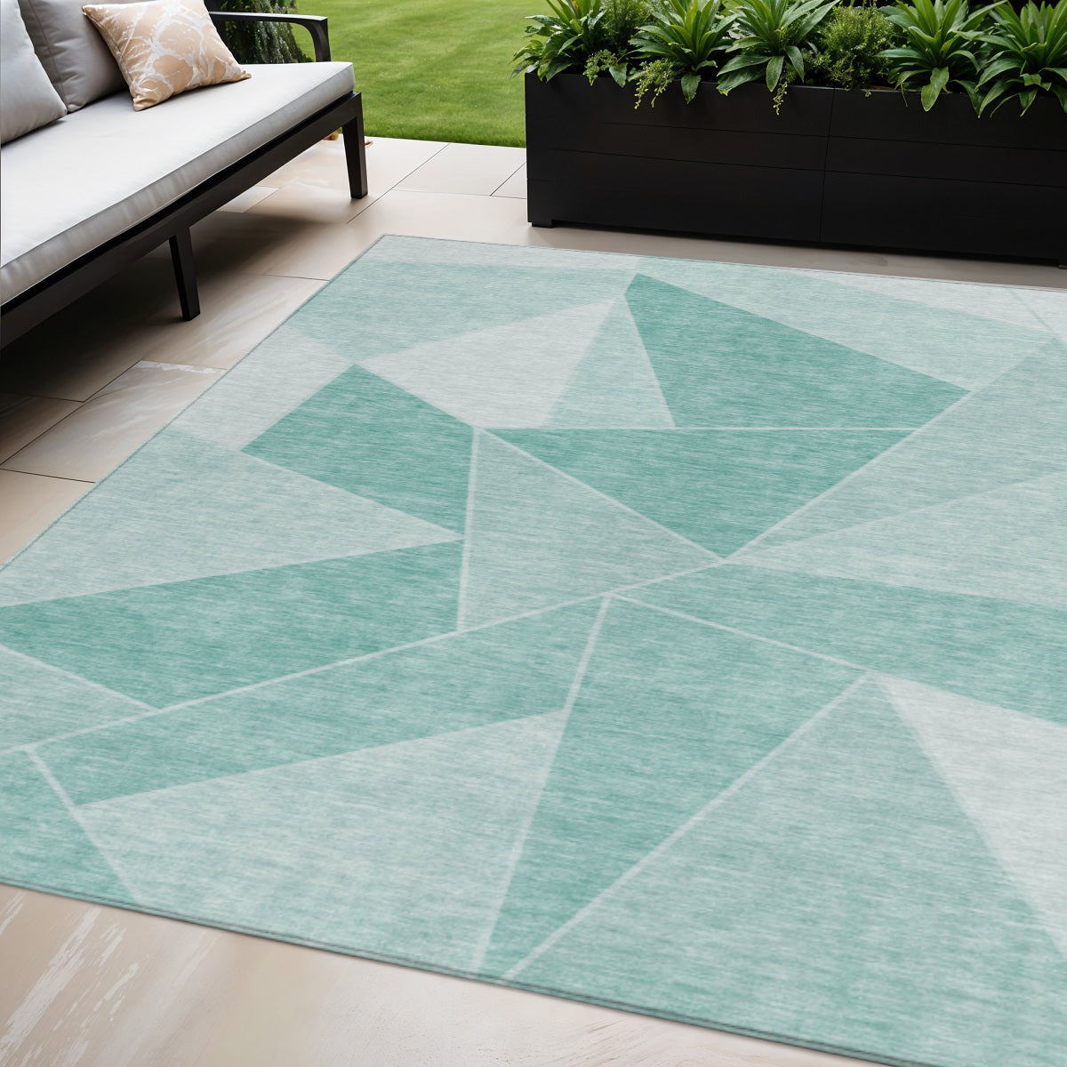 5 X 8 Mint Green And Aqua Geometric Washable Indoor Outdoor Area Rug