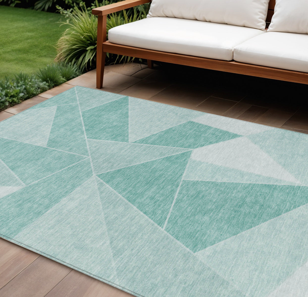 9 X 12 Mint Green And Aqua Geometric Washable Indoor Outdoor Area Rug
