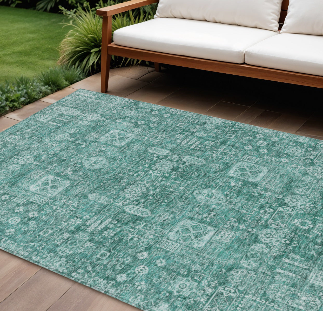 5 X 8 Dark Green And Aqua Oriental Washable Indoor Outdoor Area Rug