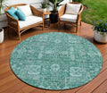 8 Dark Green And Aqua Round Oriental Washable Indoor Outdoor Area Rug