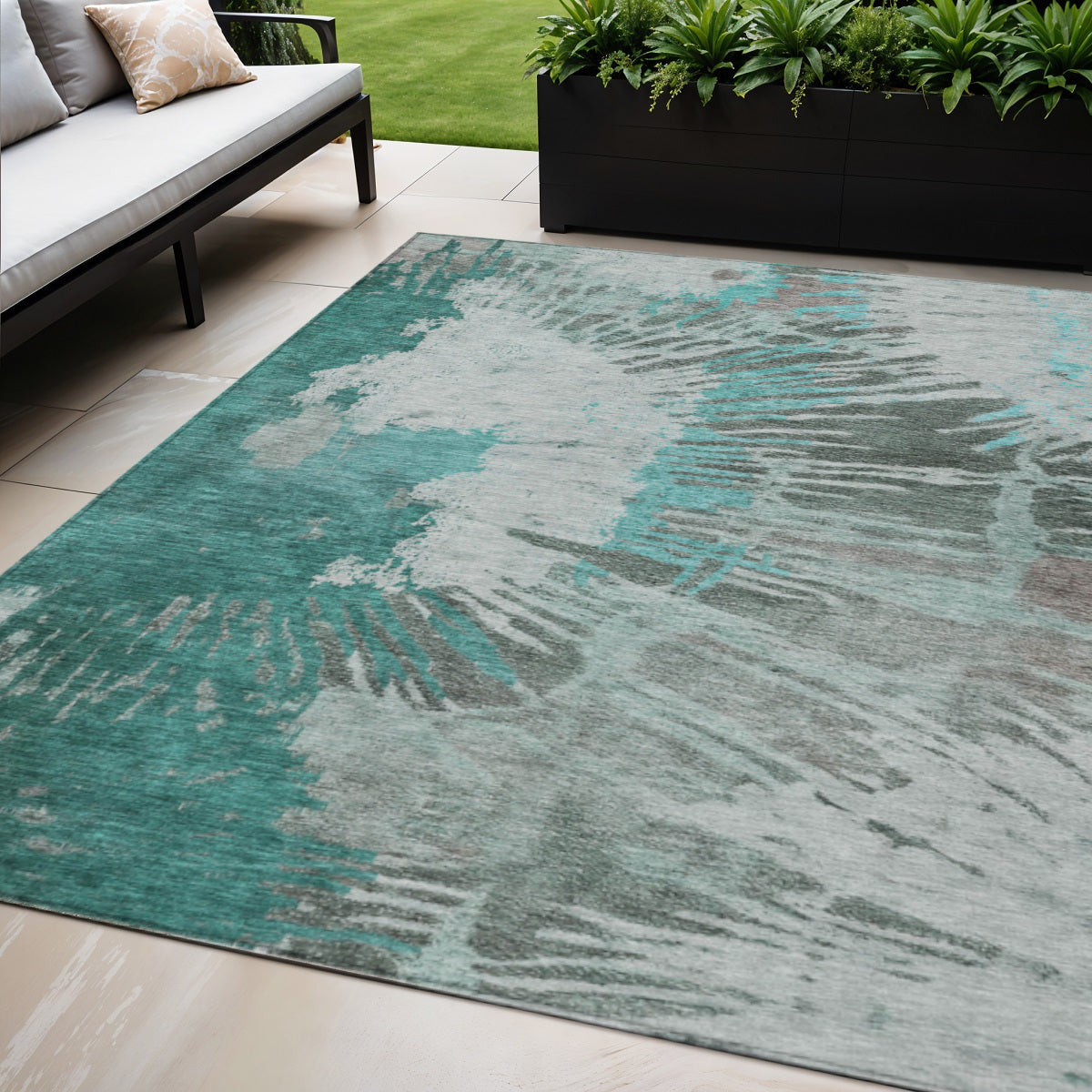 5 X 8 Dark Green Aqua And Gray Abstract Washable Indoor Outdoor Area Rug