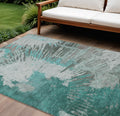 8 X 10 Dark Green Aqua And Gray Abstract Washable Indoor Outdoor Area Rug