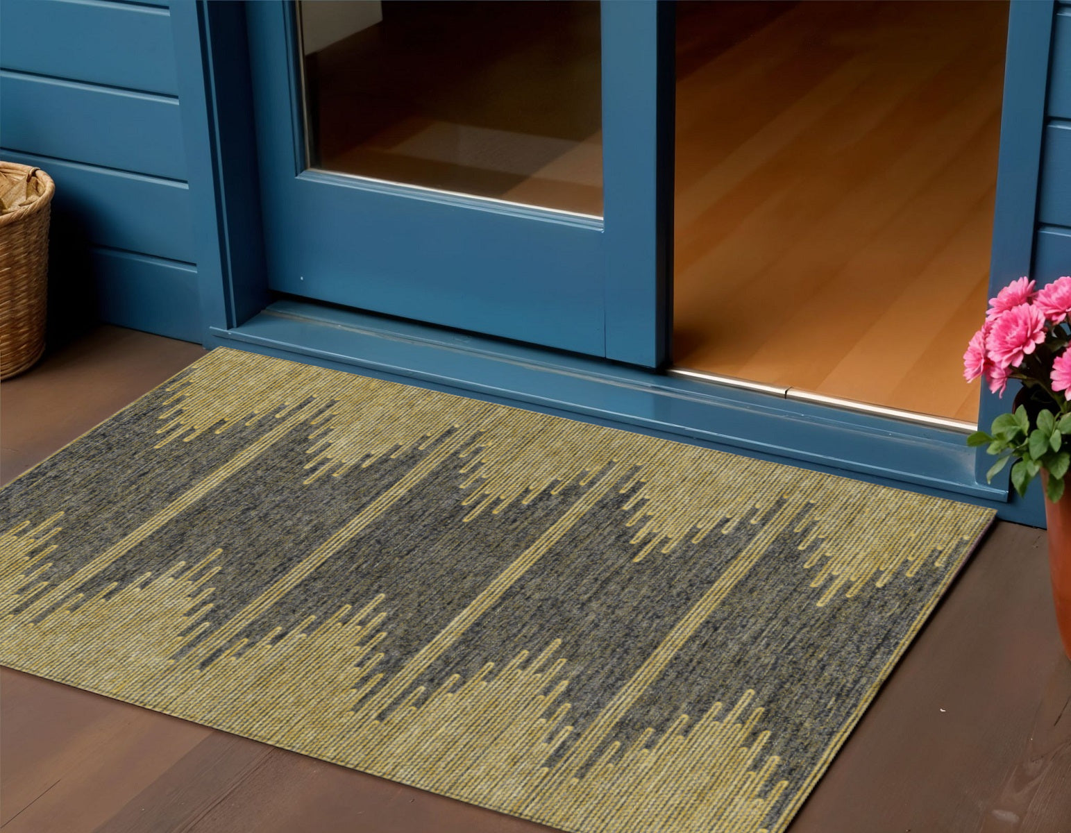 3 X 5 Dark Gray And Gold Abstract Washable Indoor Outdoor Area Rug