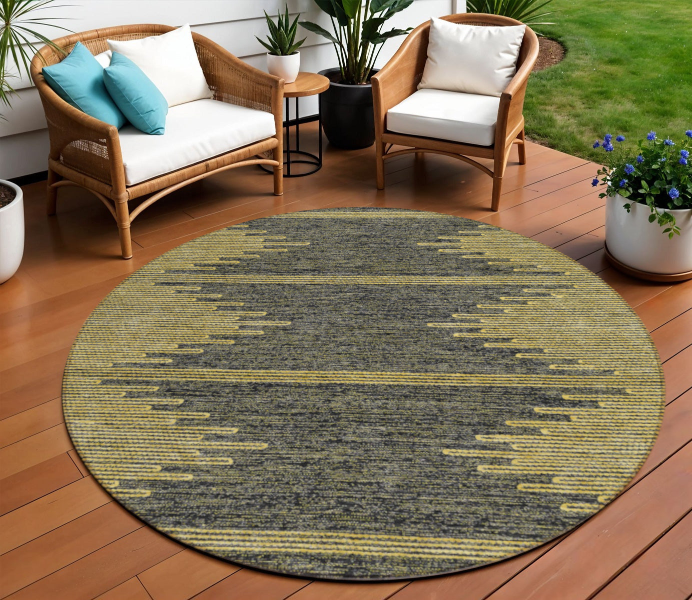 8 Dark Gray And Gold Round Abstract Washable Indoor Outdoor Area Rug