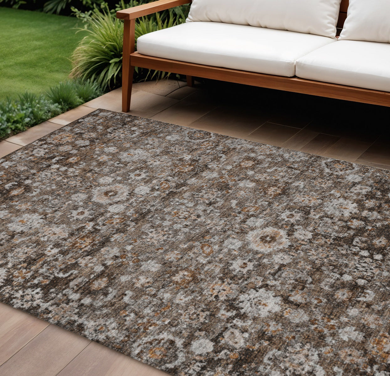 8 X 10 Dark Brown Brown And Taupe Oriental Washable Indoor Outdoor Area Rug