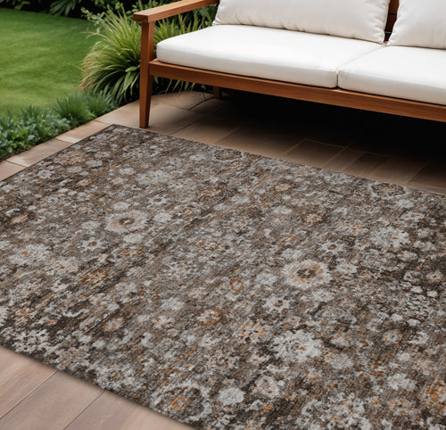 10 X 14 Dark Brown Brown And Taupe Oriental Washable Indoor Outdoor Area Rug