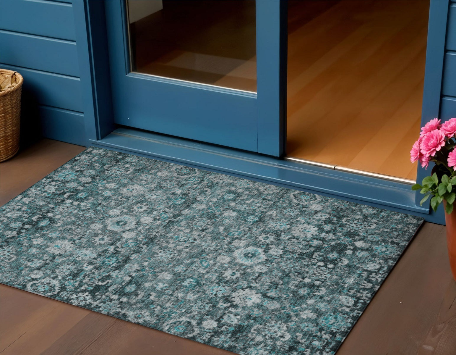 3 X 5 Dark Green Aqua And Charcoal Oriental Washable Indoor Outdoor Area Rug