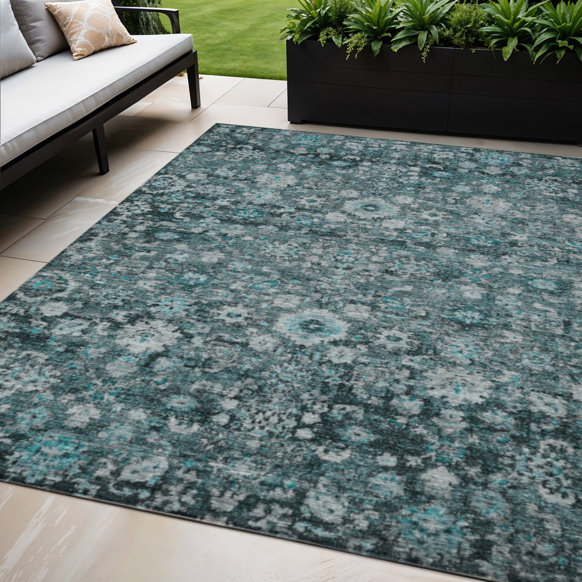 5 X 8 Dark Green Aqua And Charcoal Oriental Washable Indoor Outdoor Area Rug