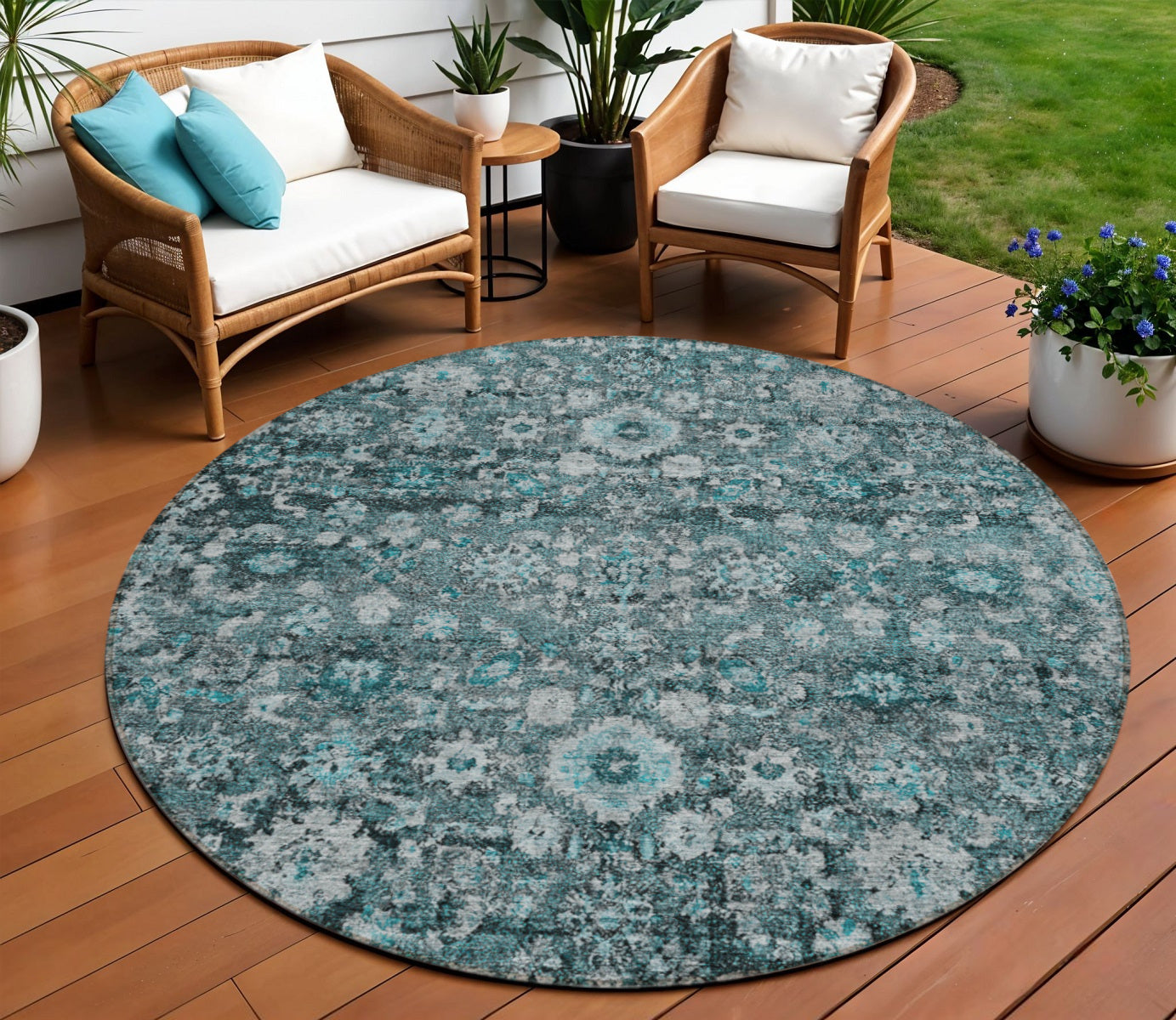 8 Dark Green Aqua And Charcoal Round Oriental Washable Indoor Outdoor Area Rug