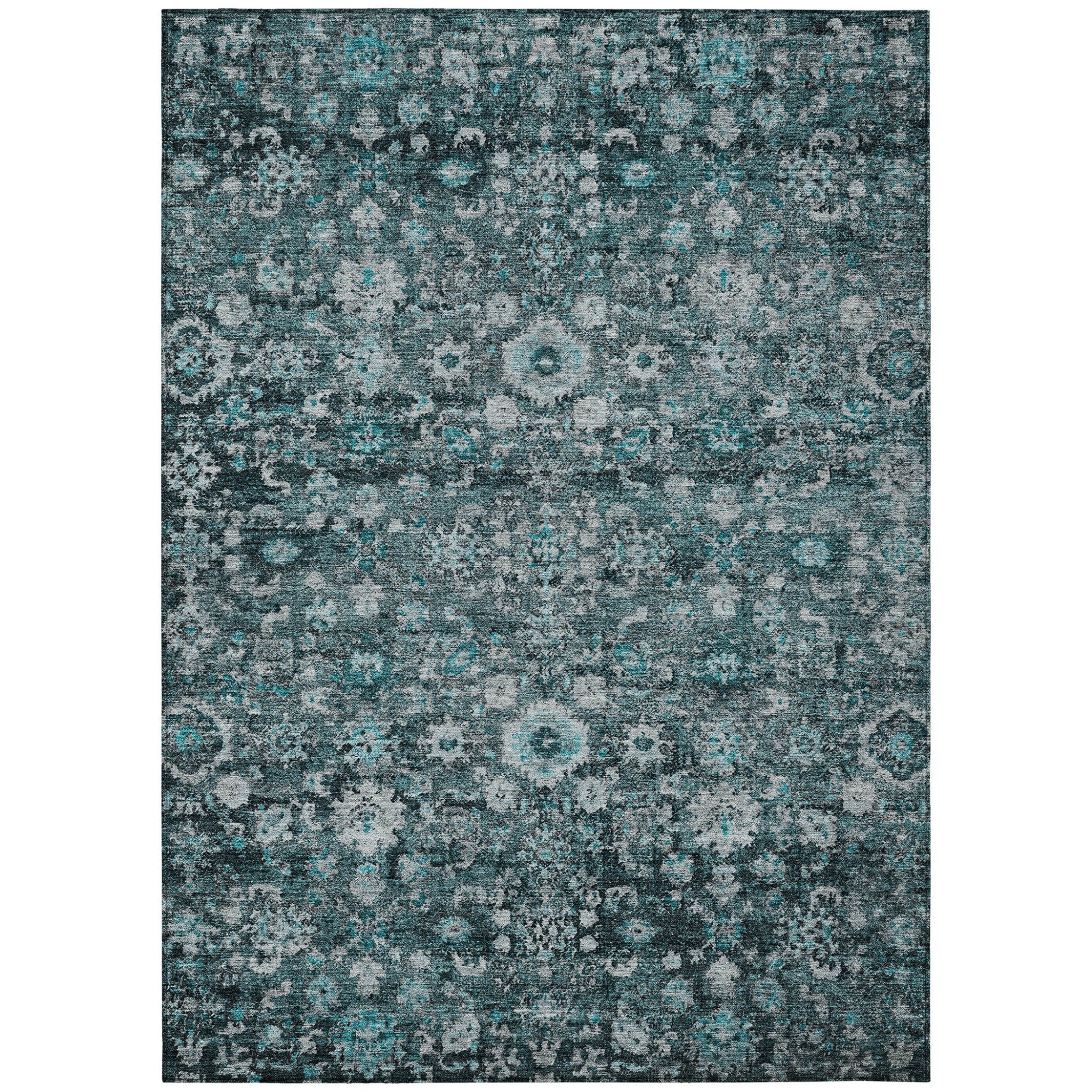 9 X 12 Dark Green Aqua And Charcoal Oriental Washable Indoor Outdoor Area Rug