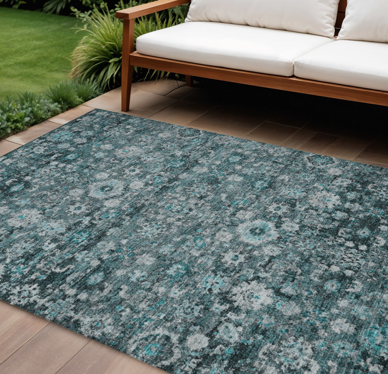 10 X 14 Dark Green Aqua And Charcoal Oriental Washable Indoor Outdoor Area Rug