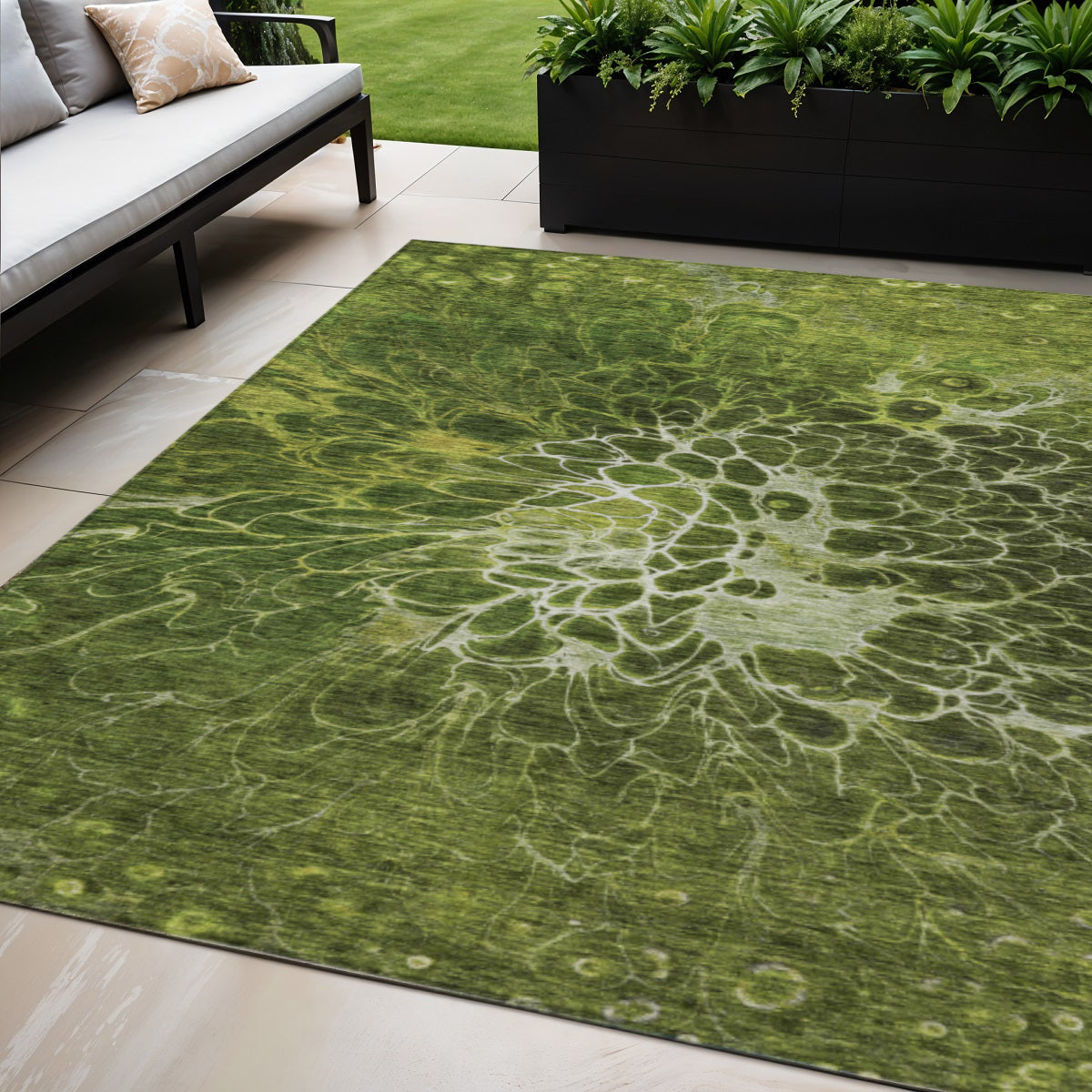 5 X 8 Olive Green And Sage Abstract Washable Indoor Outdoor Area Rug