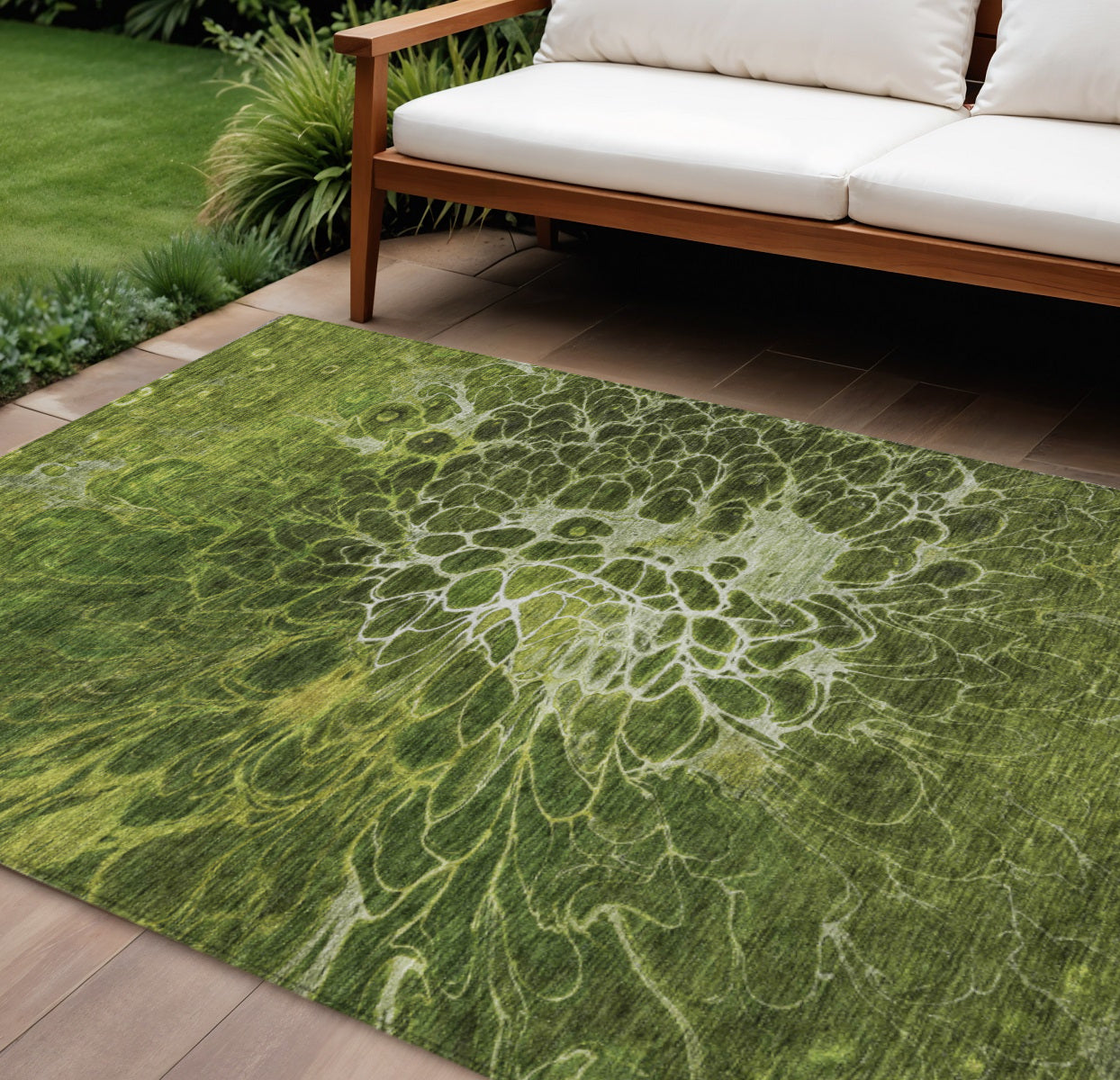 10 X 14 Olive Green And Sage Abstract Washable Indoor Outdoor Area Rug