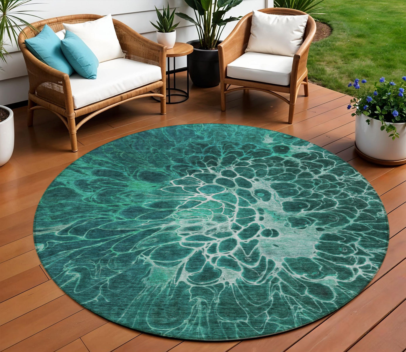 8 Teal Blue Aqua And Turquoise Round Abstract Washable Indoor Outdoor Area Rug