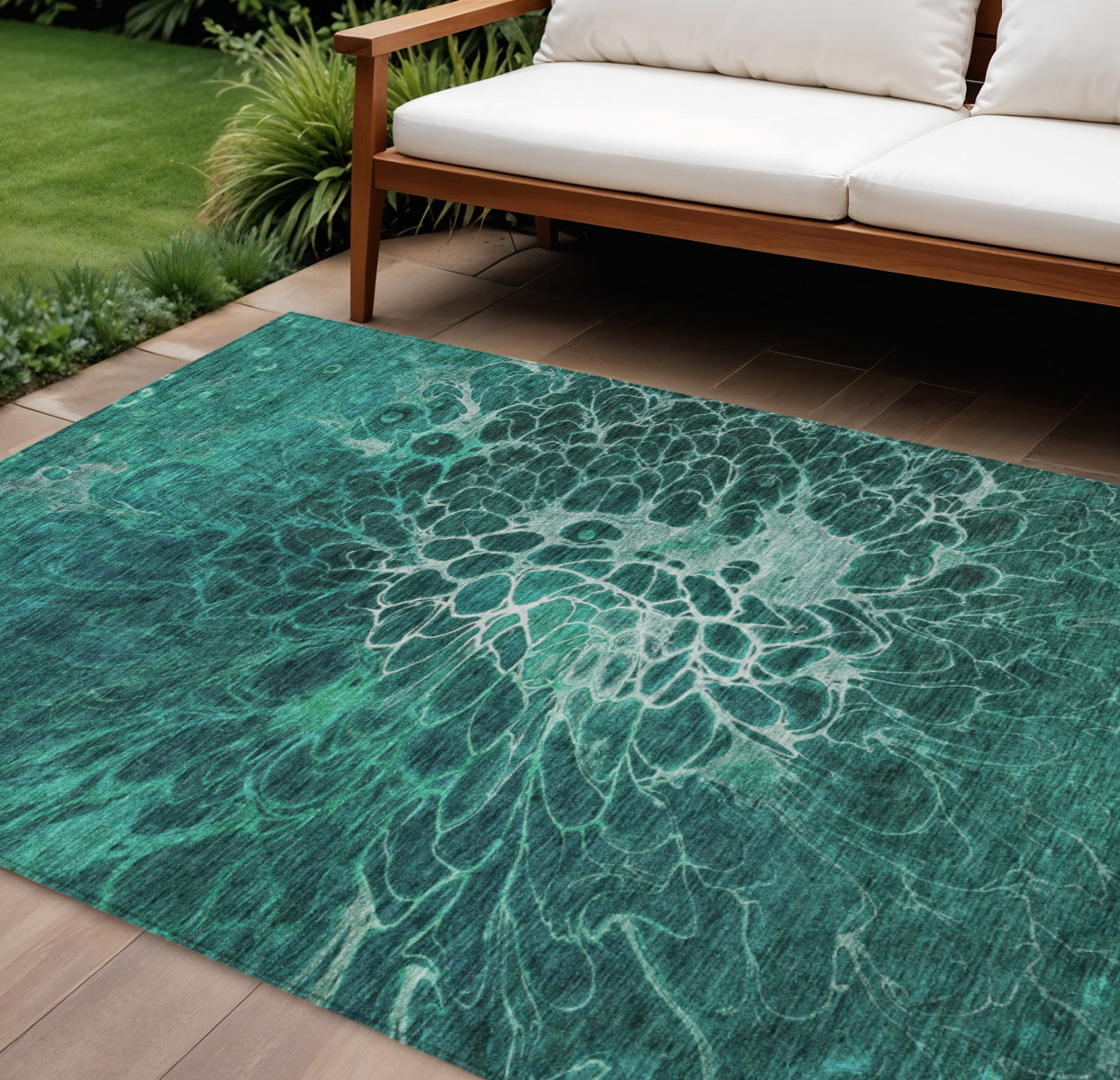 8 X 10 Teal Blue Aqua And Turquoise Abstract Washable Indoor Outdoor Area Rug
