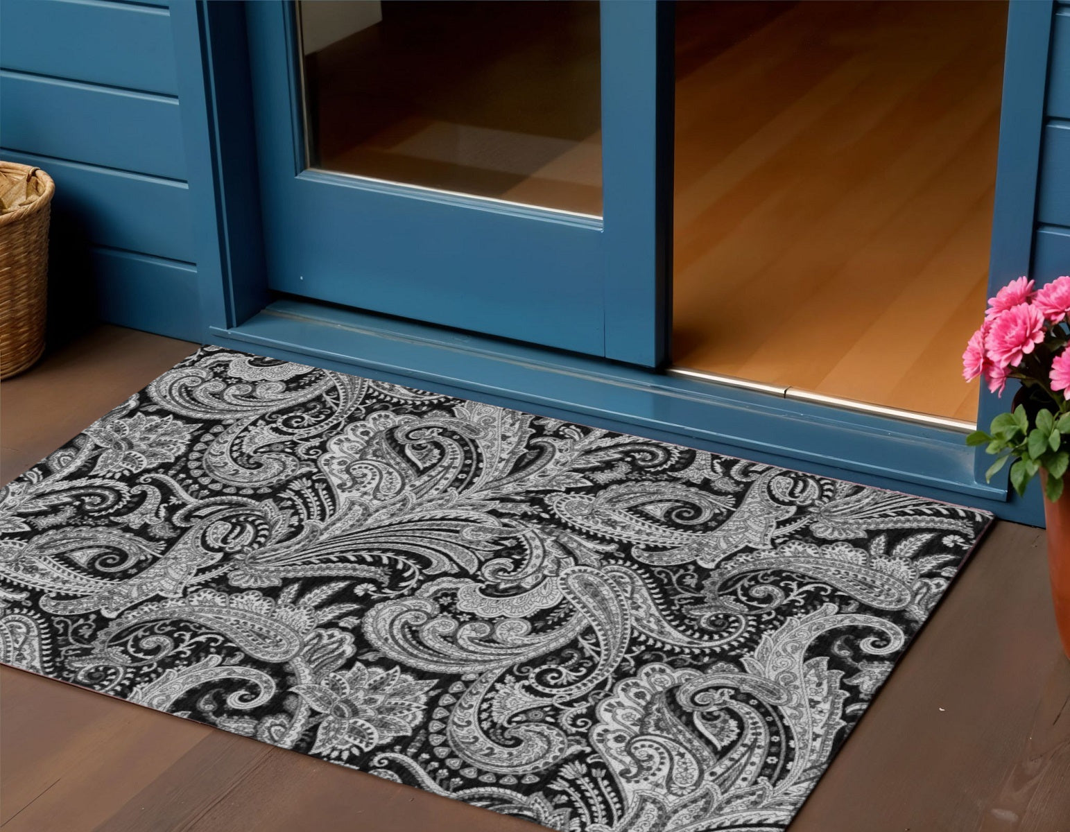 3 X 5 Black Gray And White Paisley Washable Indoor Outdoor Area Rug