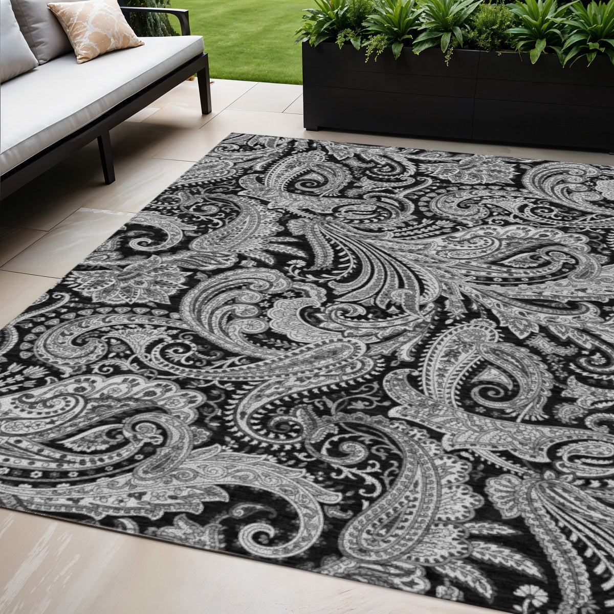 5 X 8 Black Gray And White Paisley Washable Indoor Outdoor Area Rug
