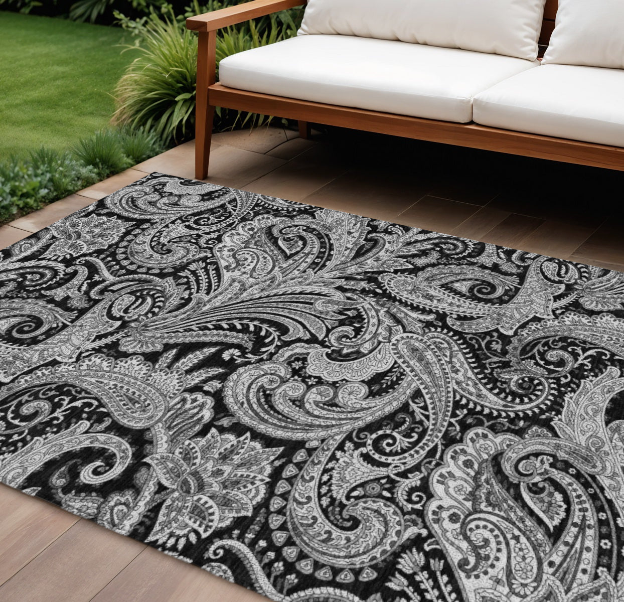 8 X 10 Black Gray And White Paisley Washable Indoor Outdoor Area Rug