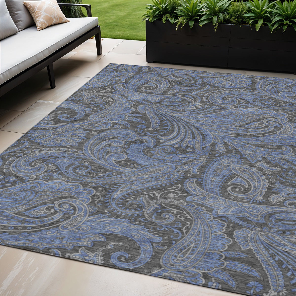 5 X 8 Charcoal Gray And Blue Paisley Washable Indoor Outdoor Area Rug