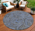 8 Charcoal Gray And Blue Round Paisley Washable Indoor Outdoor Area Rug
