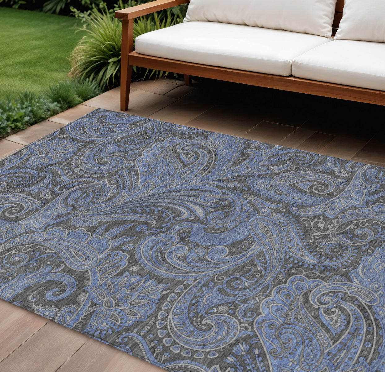10 X 14 Charcoal Gray And Blue Paisley Washable Indoor Outdoor Area Rug