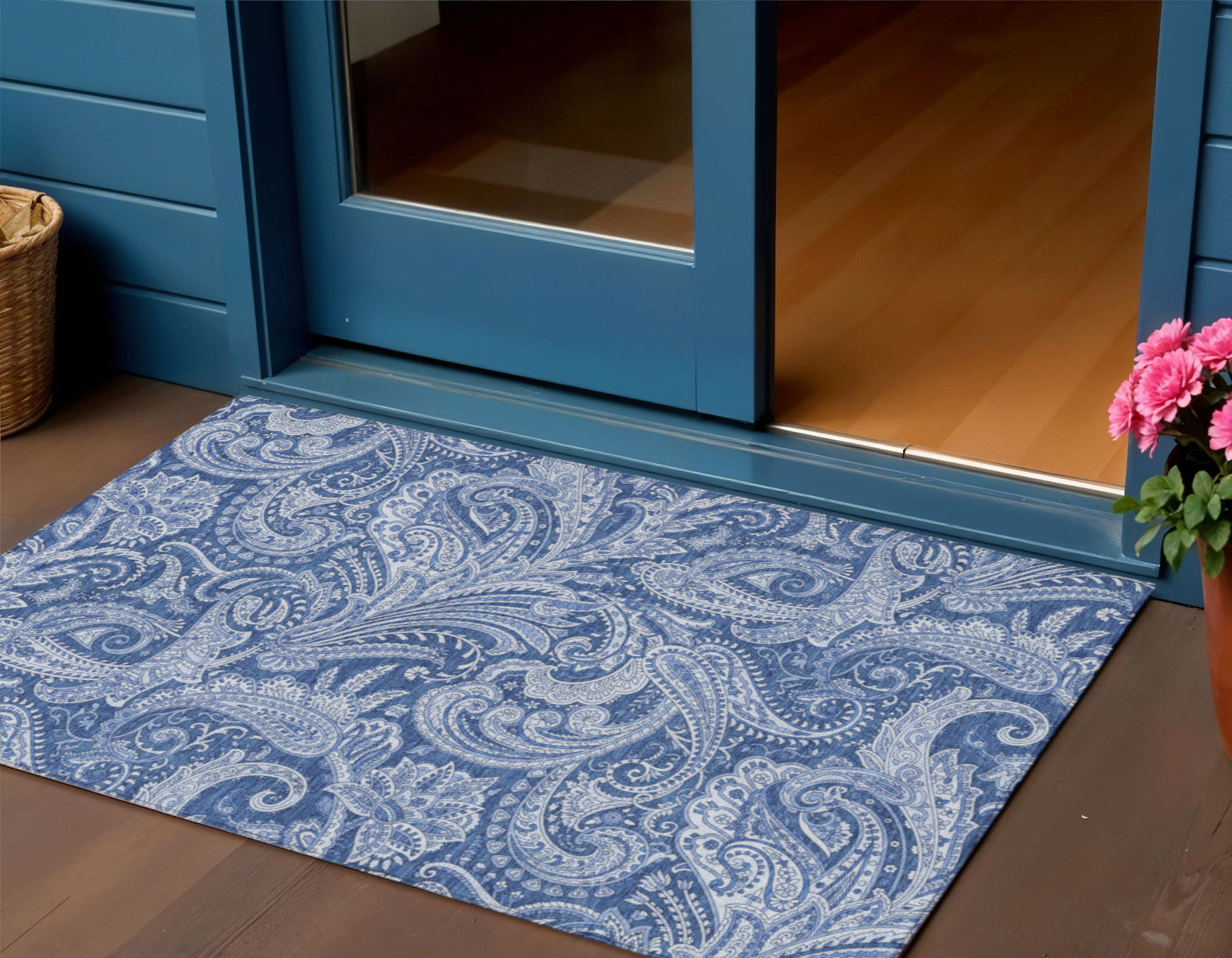 3 X 5 Navy Blue And Denim Blue Paisley Washable Indoor Outdoor Area Rug