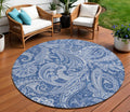 8 Navy Blue And Denim Blue Round Paisley Washable Indoor Outdoor Area Rug