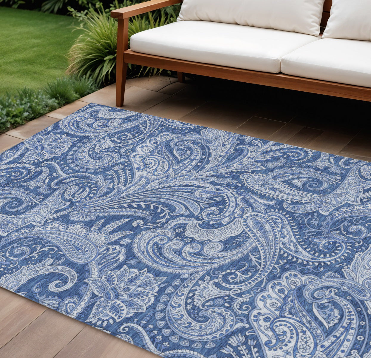 8 X 10 Navy Blue And Denim Blue Paisley Washable Indoor Outdoor Area Rug